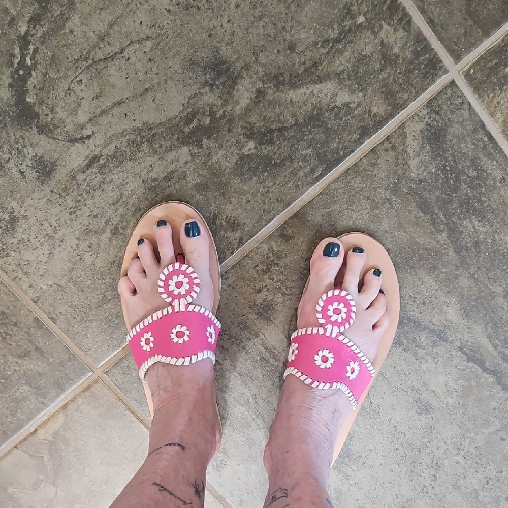 Women’s Jack Rodger's Pink Floral Leather Slide Sandals with Slight Wedge